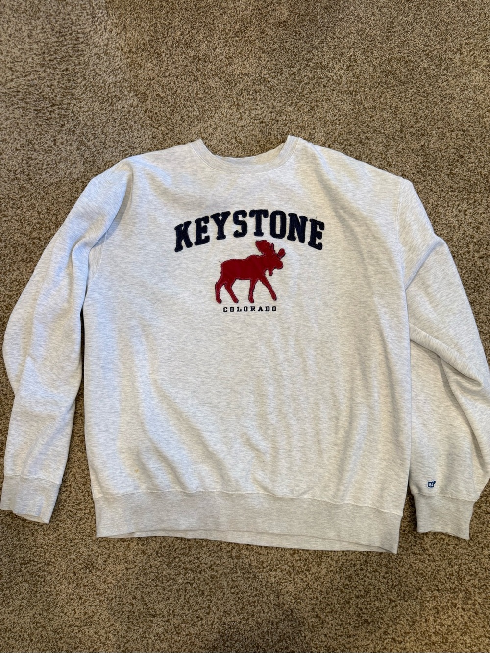 Blue 84 Light Gray Crewneck with Red Moose and Navy Lettering
